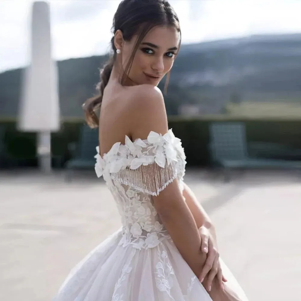 Brautkleid Boat Neck A-line Wedding Dresses Plus Size Tassel Sleeve Gorgeous Suknie Slubne Lace Up Back Robe de Mariage