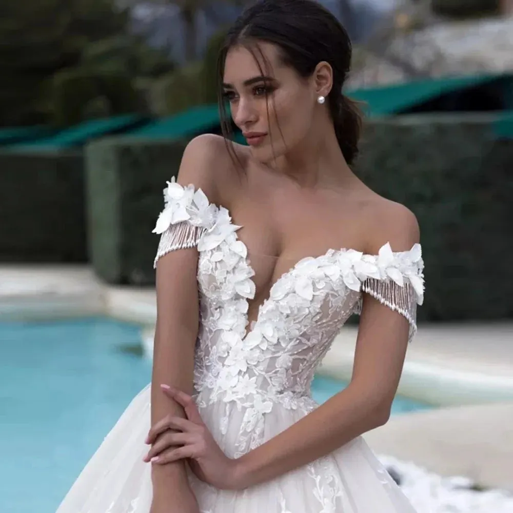 Brautkleid Boat Neck A-line Wedding Dresses Plus Size Tassel Sleeve Gorgeous Suknie Slubne Lace Up Back Robe de Mariage