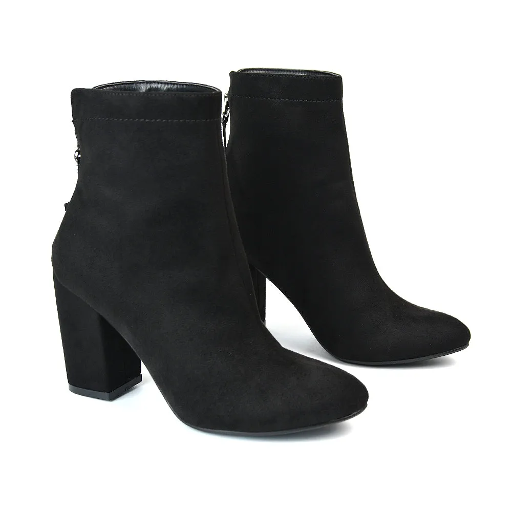 Evia Zip-Up Mid Block Heel Sock Ankle Boots in Grey Faux Suede
