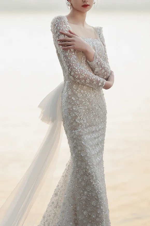 Gorgeous Long Sleeves Mermaid Wedding Dress, Bridal Gown with Beading UQW0121