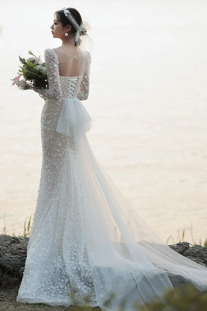 Gorgeous Long Sleeves Mermaid Wedding Dress, Bridal Gown with Beading UQW0121