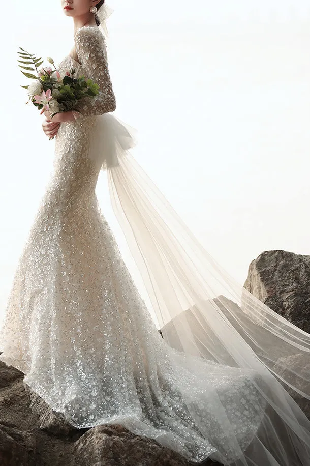 Gorgeous Long Sleeves Mermaid Wedding Dress, Bridal Gown with Beading UQW0121