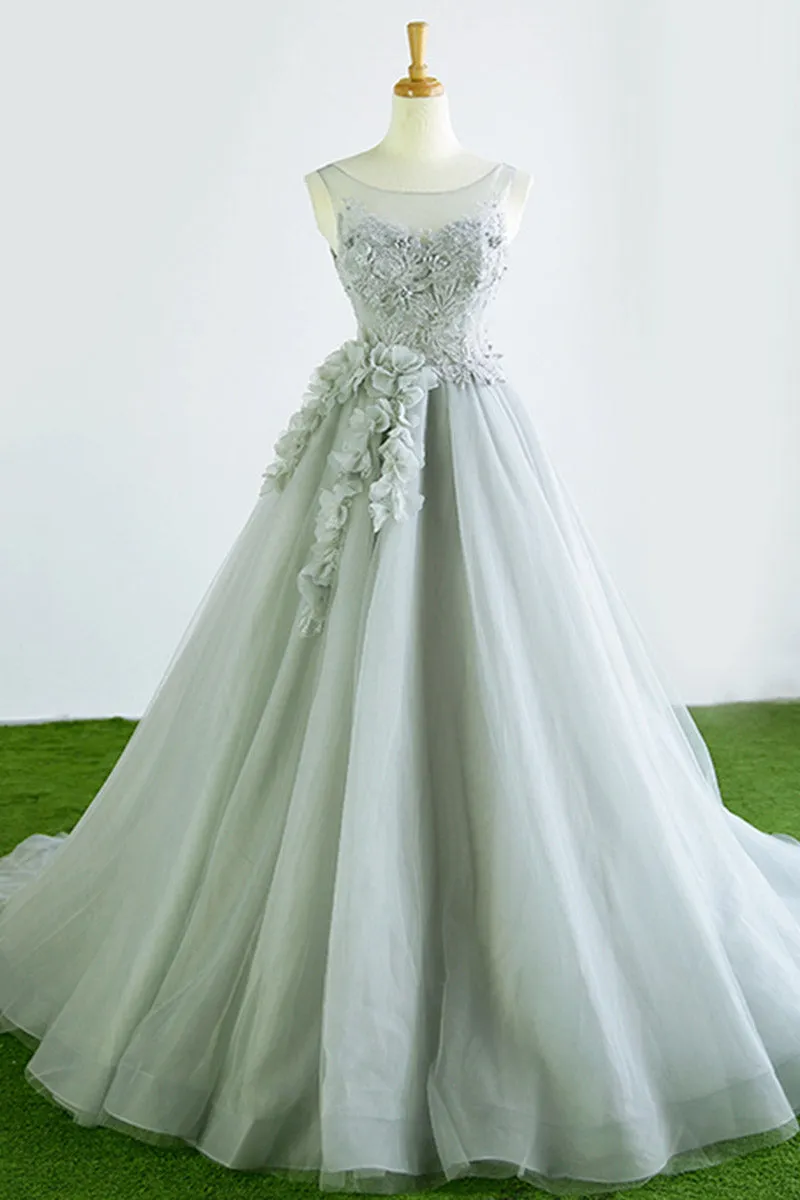 Gray Tulle Court Train Long Evening Prom Dress With Flowers OK942