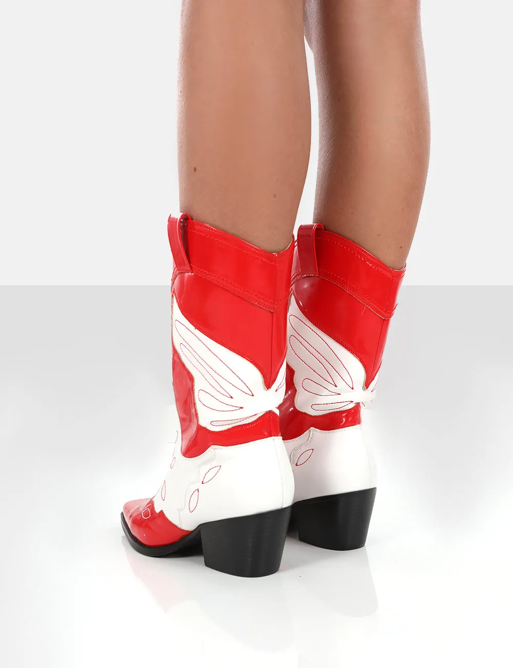 Howdy Red Patent Pointed Toe Western Cowboy Block Ankle Boots