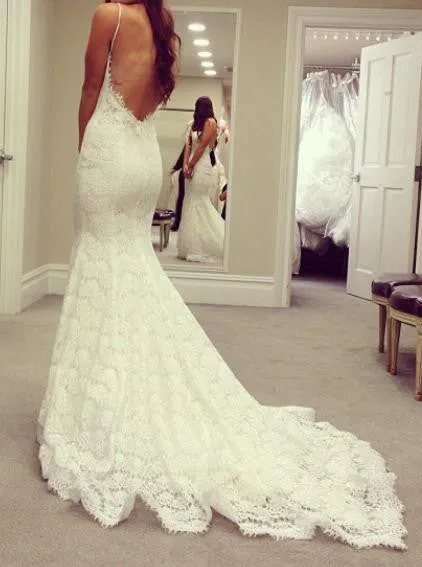 Mermaid Sweetheart Spaghetti Straps Lace Backless Court Train Wedding Dresses OKB03