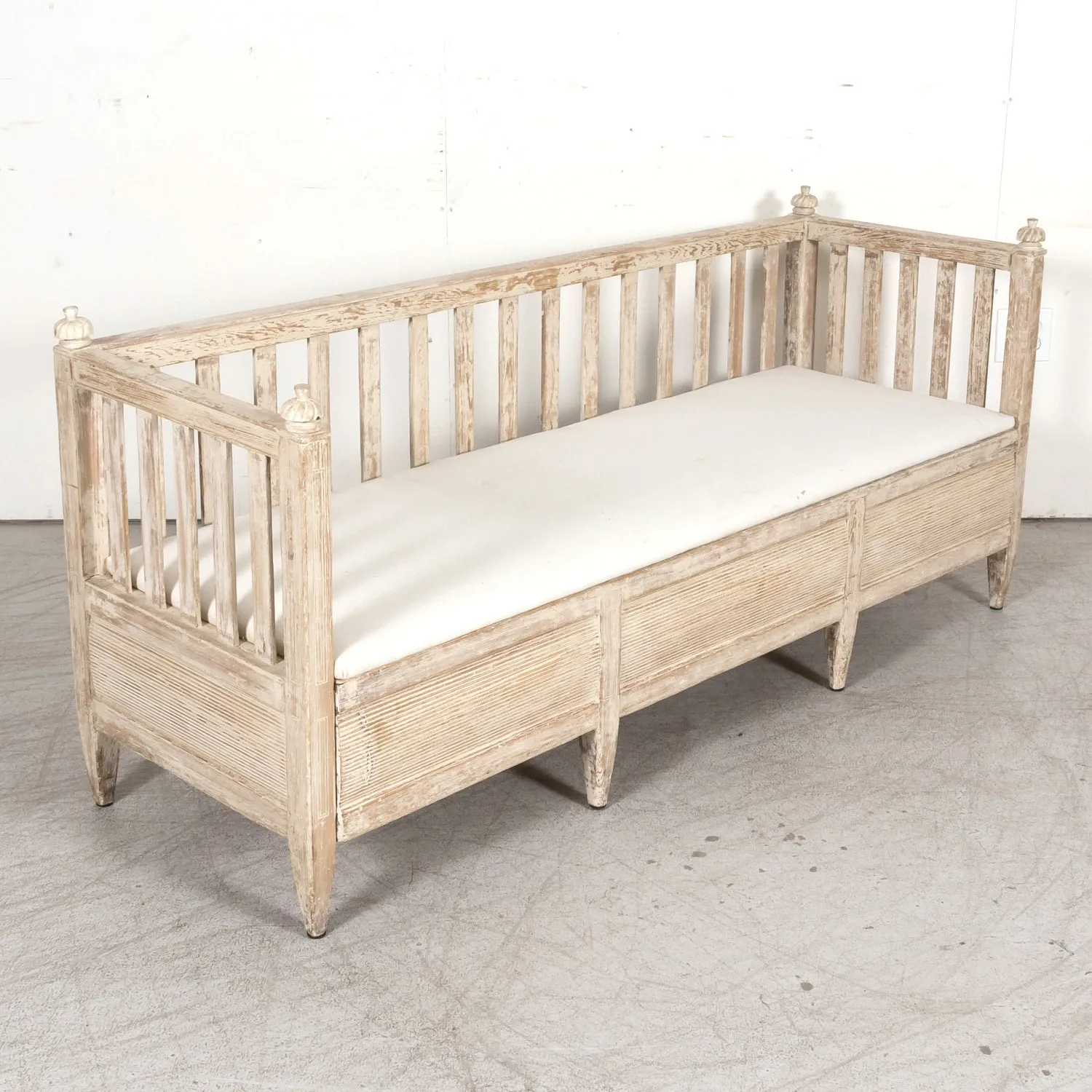 Mid-19th Century Swedish Gustavian Style Painted Stick Back Sofa Bench with Lift Seat