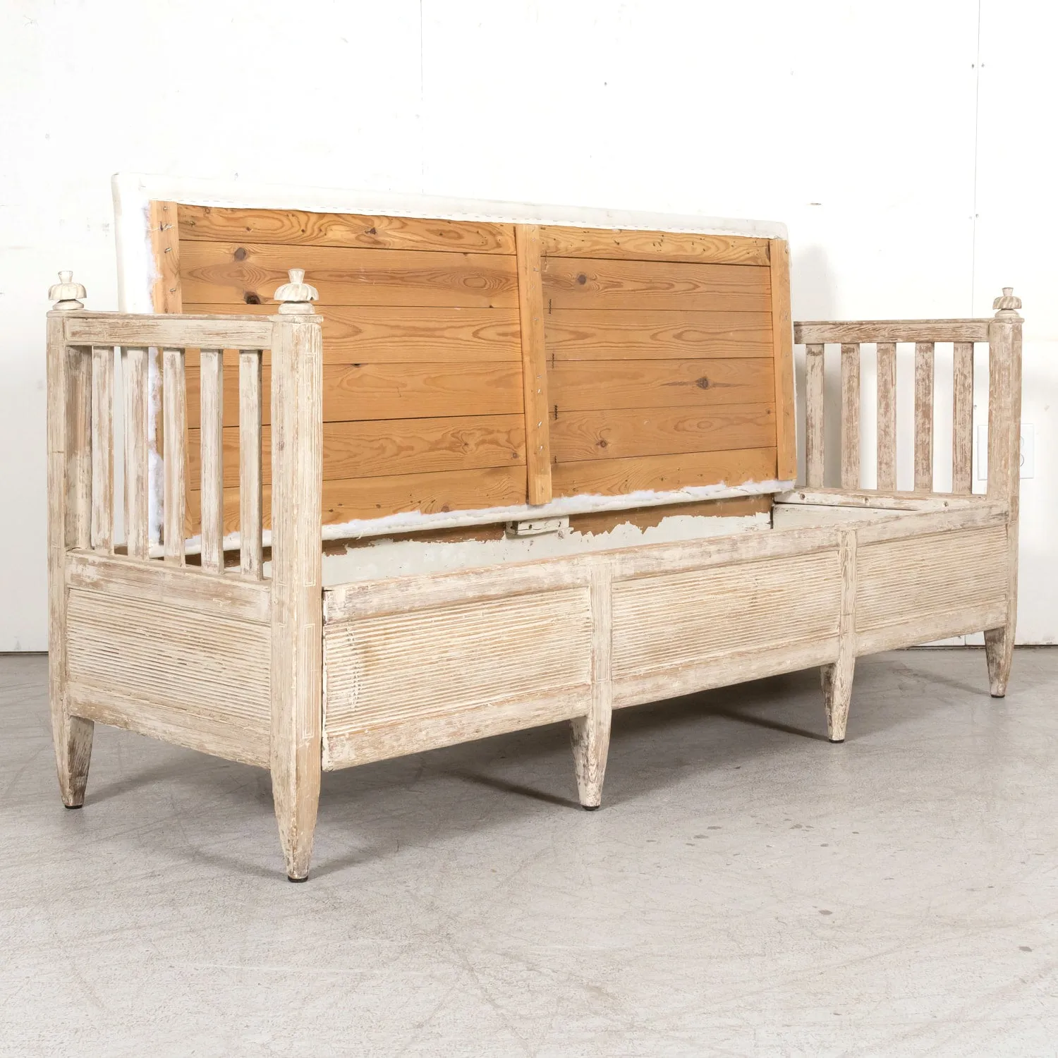 Mid-19th Century Swedish Gustavian Style Painted Stick Back Sofa Bench with Lift Seat
