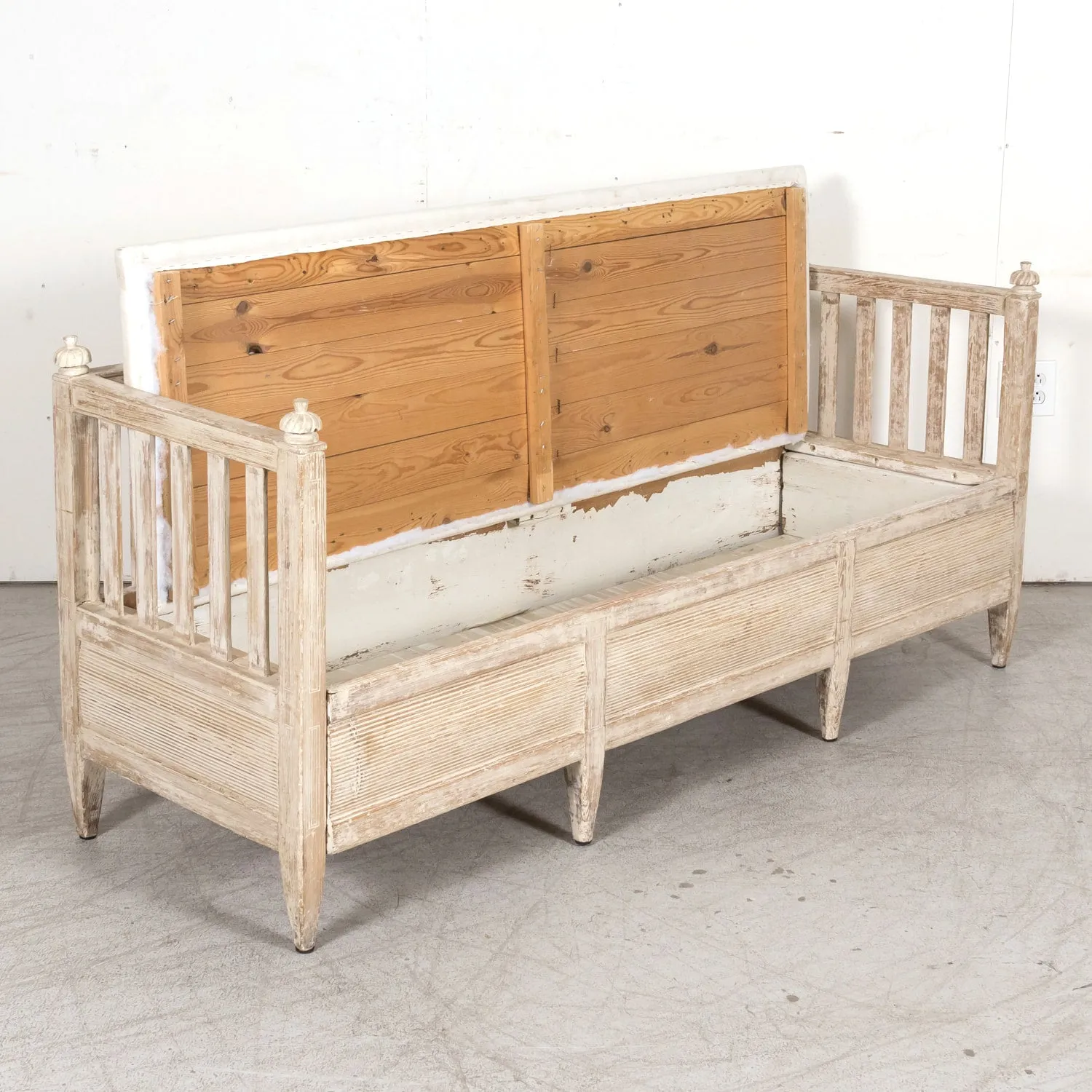 Mid-19th Century Swedish Gustavian Style Painted Stick Back Sofa Bench with Lift Seat