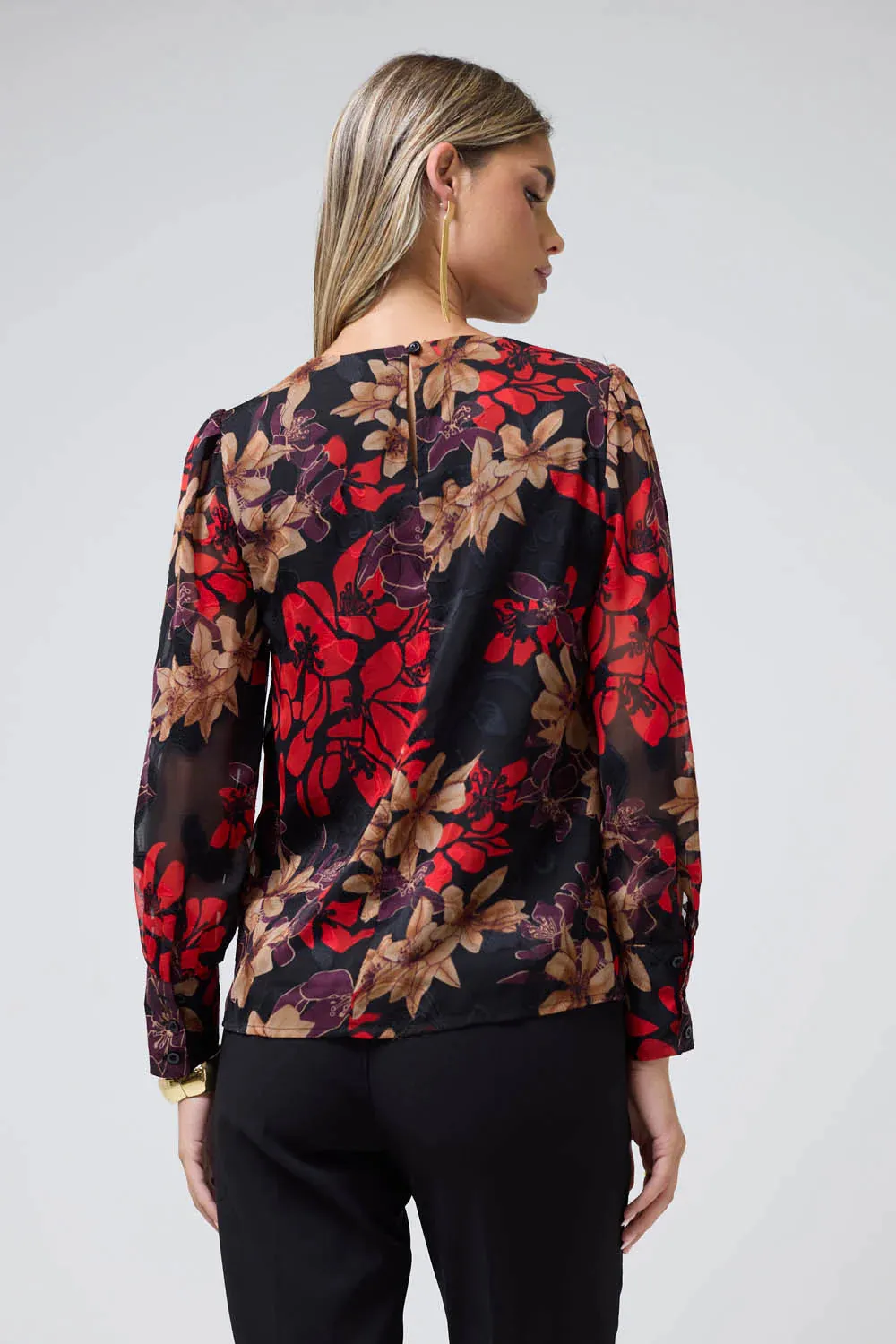 Monique Devore Floral Long Sleeve Blouse in Red