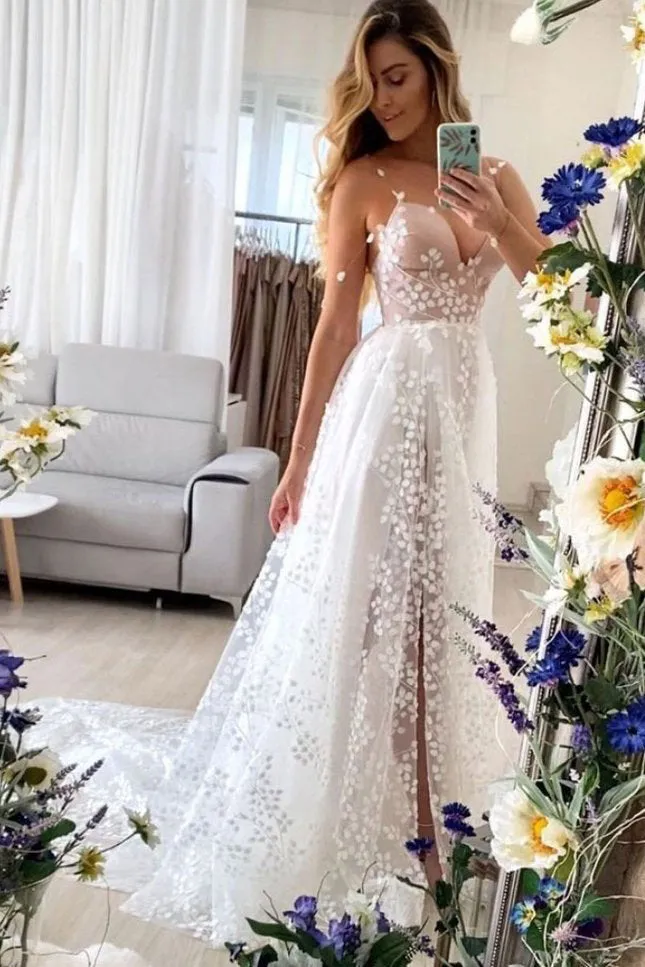 New Style Straps V Neck Split Long Boho Wedding Dress, Lace Bridal Gown UQW0052