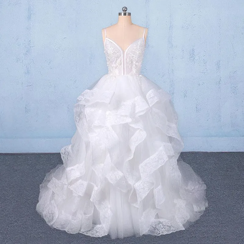 Spaghetti Straps Floor Length Tulle Wedding Dress with Ruffles, Long Bridal Dress UQ2347