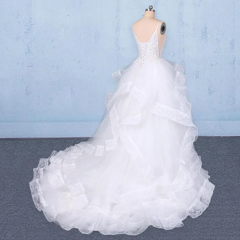 Spaghetti Straps Floor Length Tulle Wedding Dress with Ruffles, Long Bridal Dress UQ2347
