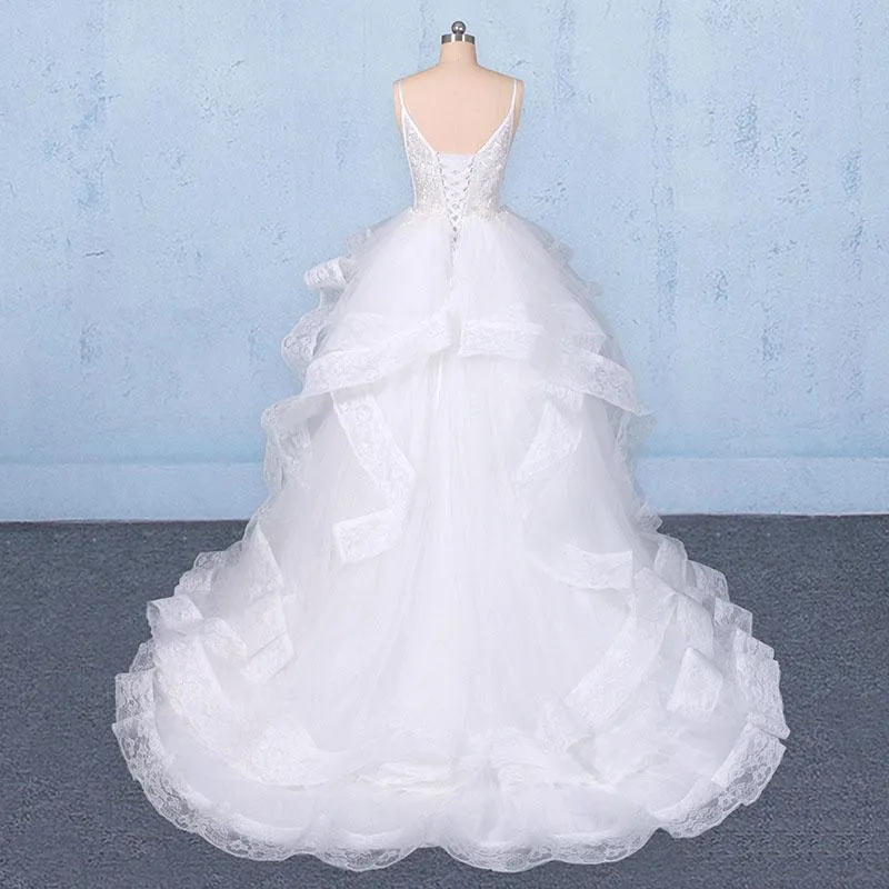 Spaghetti Straps Floor Length Tulle Wedding Dress with Ruffles, Long Bridal Dress UQ2347