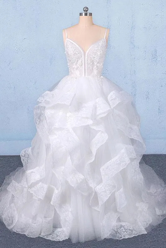 Spaghetti Straps Floor Length Tulle Wedding Dress with Ruffles, Long Bridal Dress UQ2347
