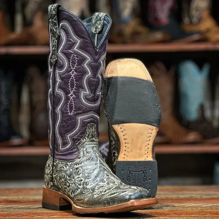 Tanner Mark Women's Hand Tooled Square Toe Leather Boots Charcoal TML207096
