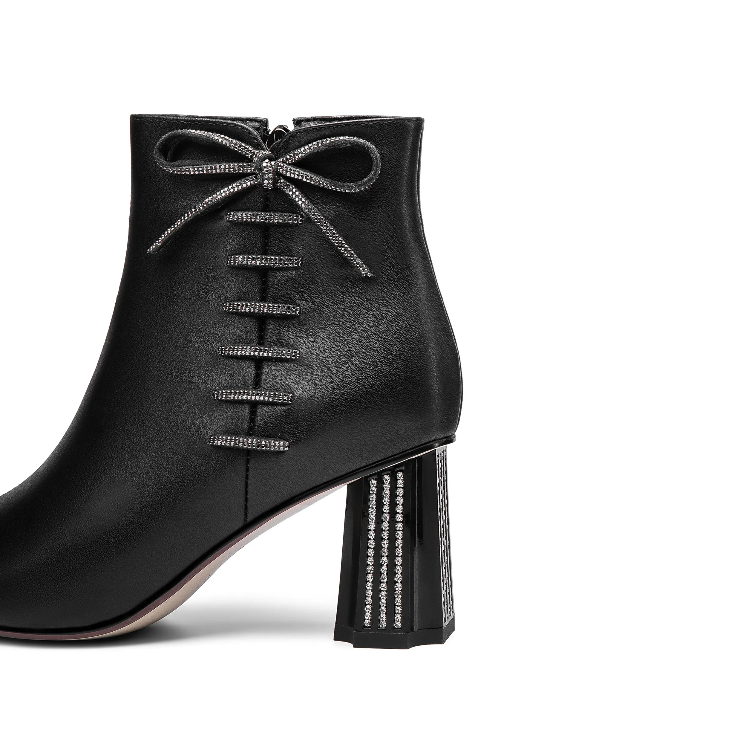 TinaCus Women's Genuine Leather Handmade Comfortable Mid Block Heel Pointed Toe Side Zip Up Dressing Boots with Bowtie Decor