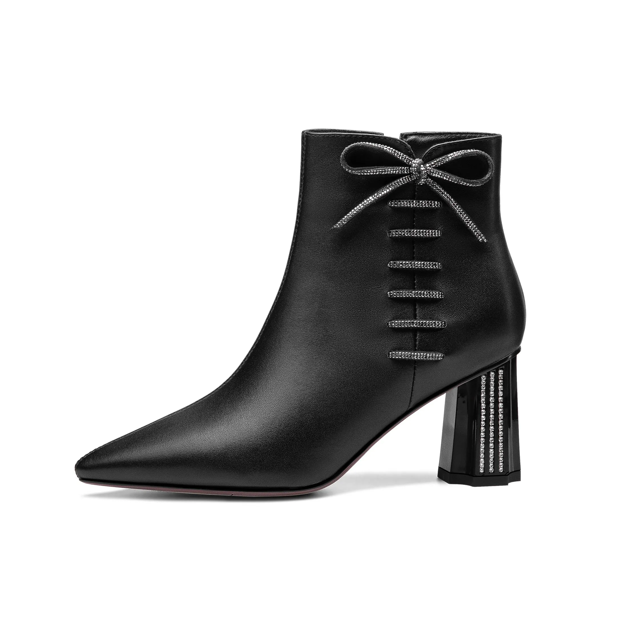 TinaCus Women's Genuine Leather Handmade Comfortable Mid Block Heel Pointed Toe Side Zip Up Dressing Boots with Bowtie Decor