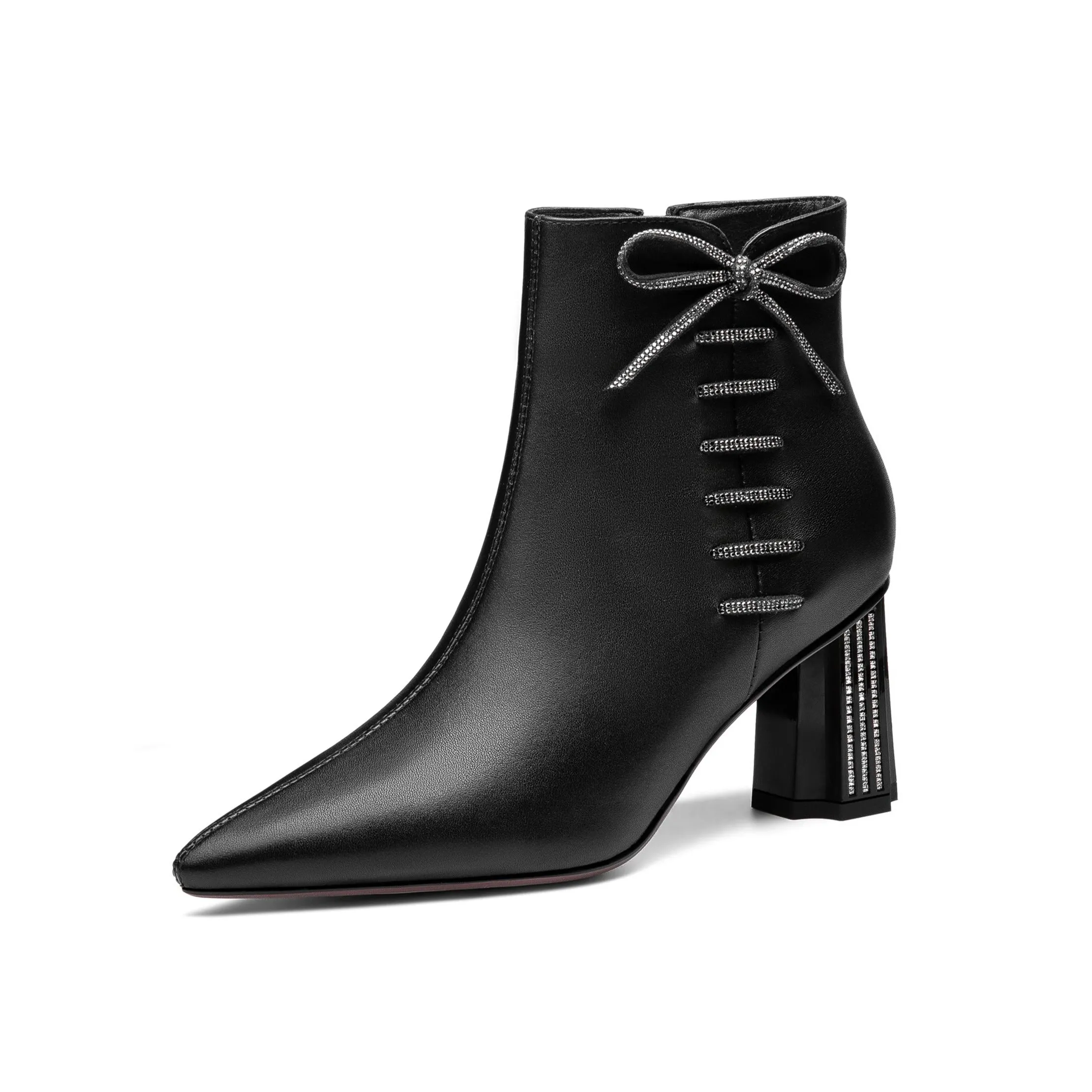TinaCus Women's Genuine Leather Handmade Comfortable Mid Block Heel Pointed Toe Side Zip Up Dressing Boots with Bowtie Decor