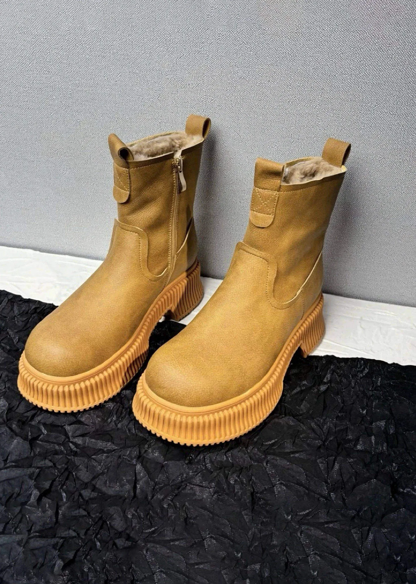 Winter Platform Lug Sole Leather Wool Fur Snow Boots