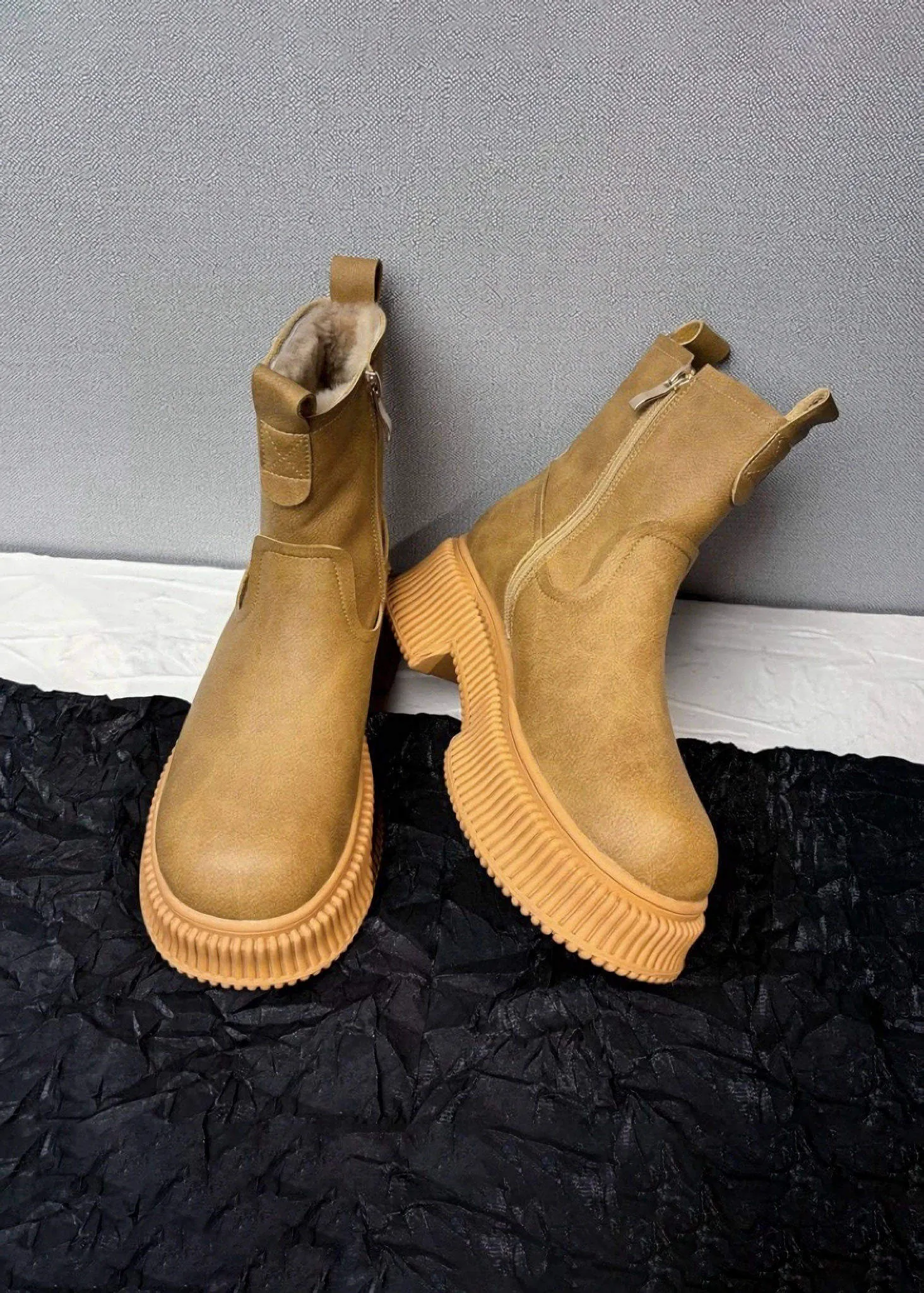 Winter Platform Lug Sole Leather Wool Fur Snow Boots