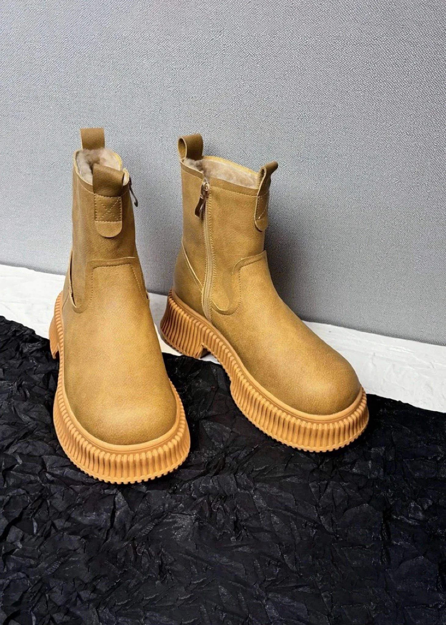 Winter Platform Lug Sole Leather Wool Fur Snow Boots