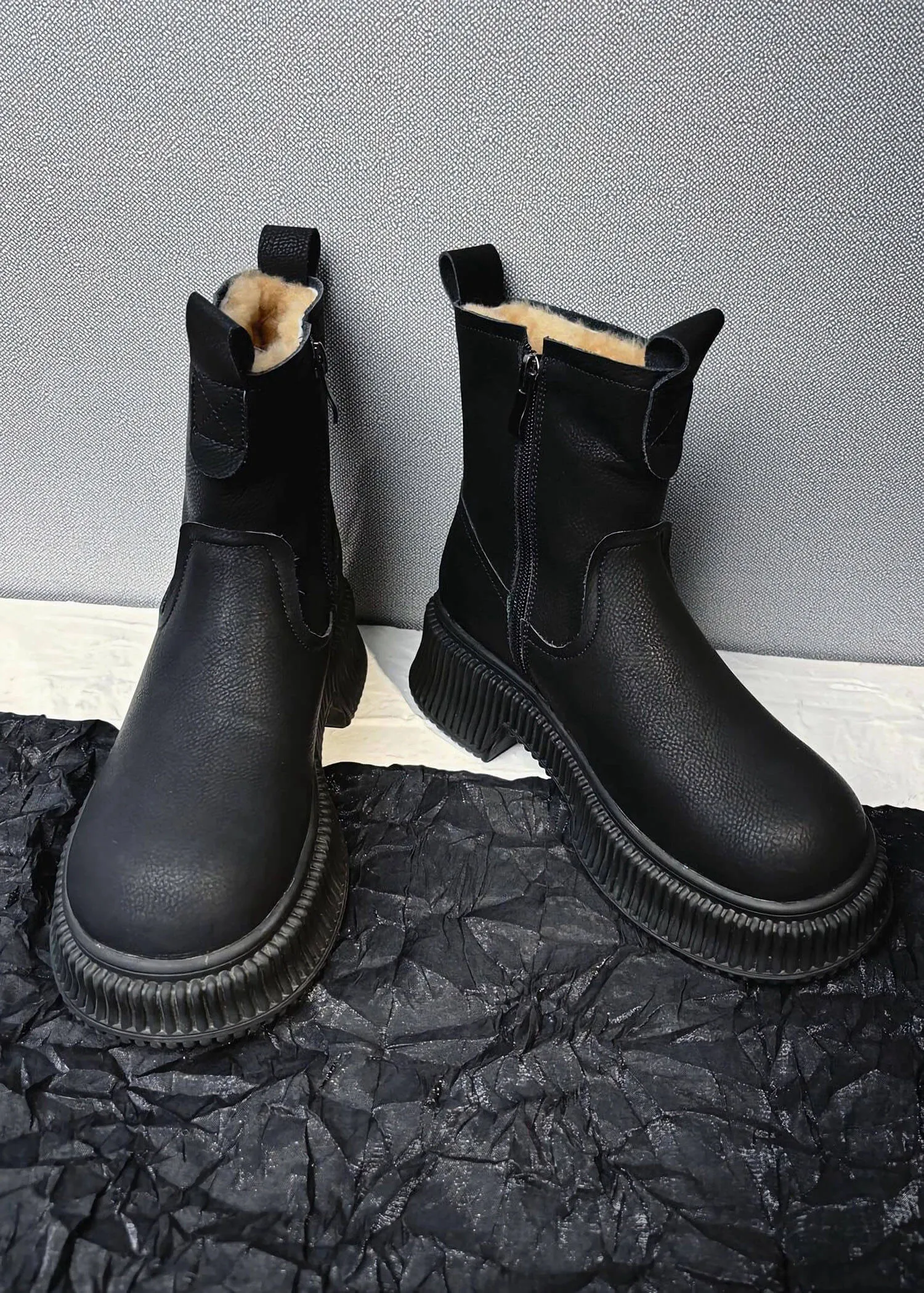 Winter Platform Lug Sole Leather Wool Fur Snow Boots