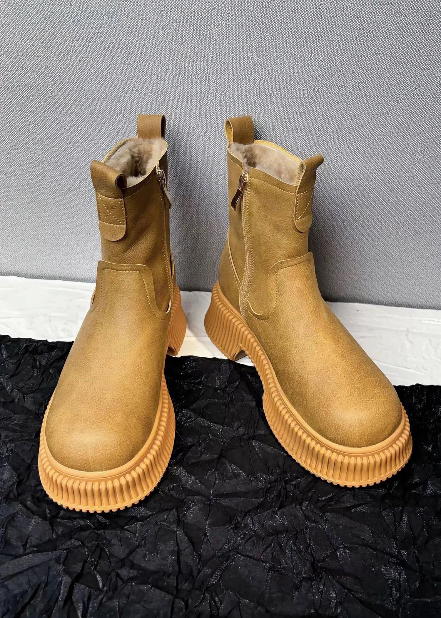 Winter Platform Lug Sole Leather Wool Fur Snow Boots