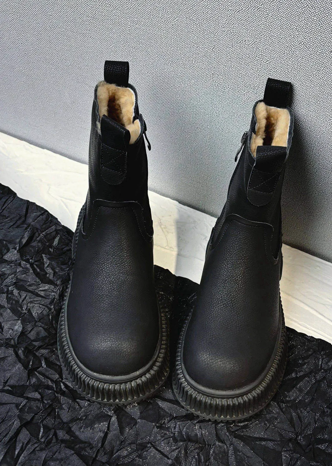 Winter Platform Lug Sole Leather Wool Fur Snow Boots