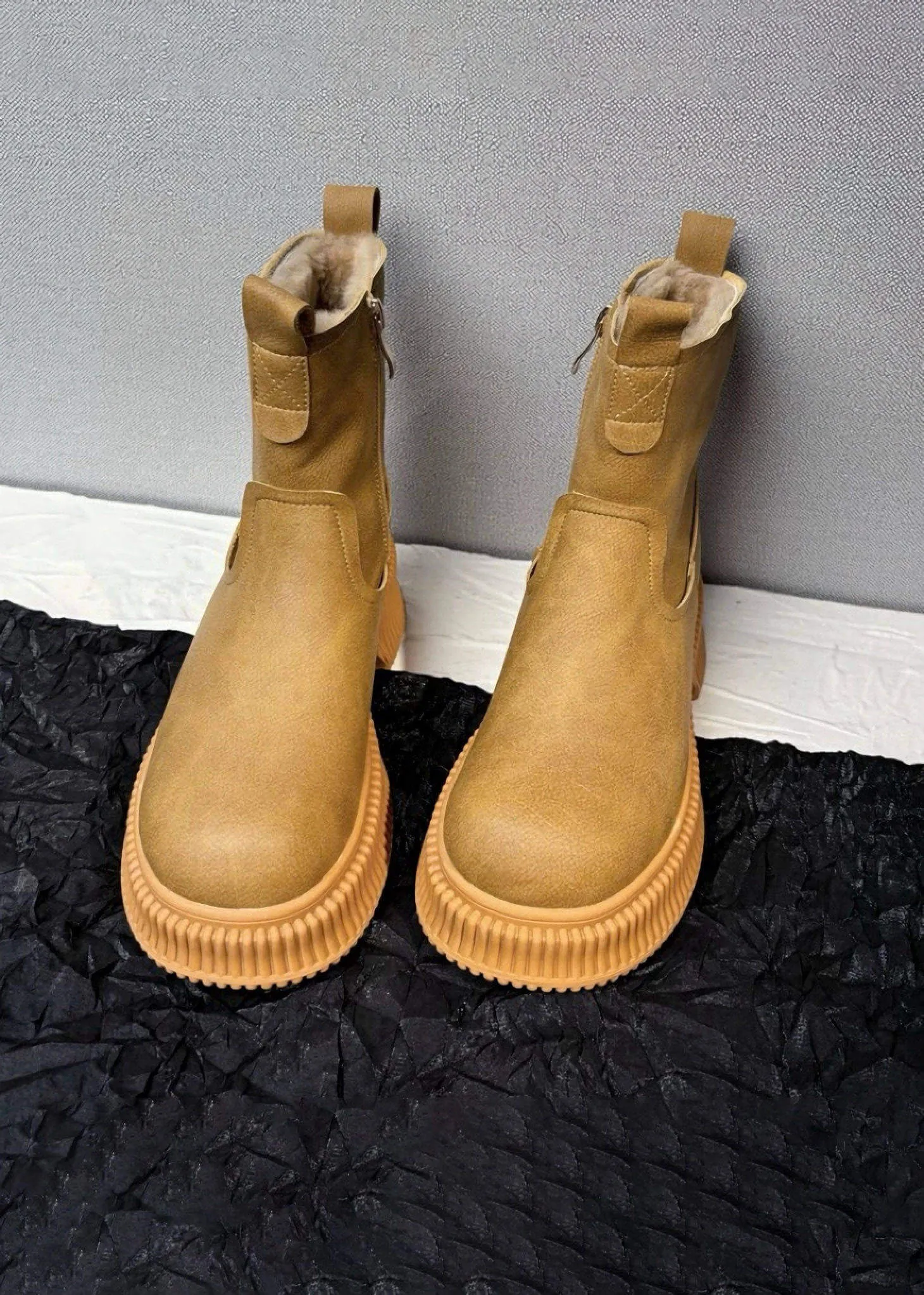Winter Platform Lug Sole Leather Wool Fur Snow Boots