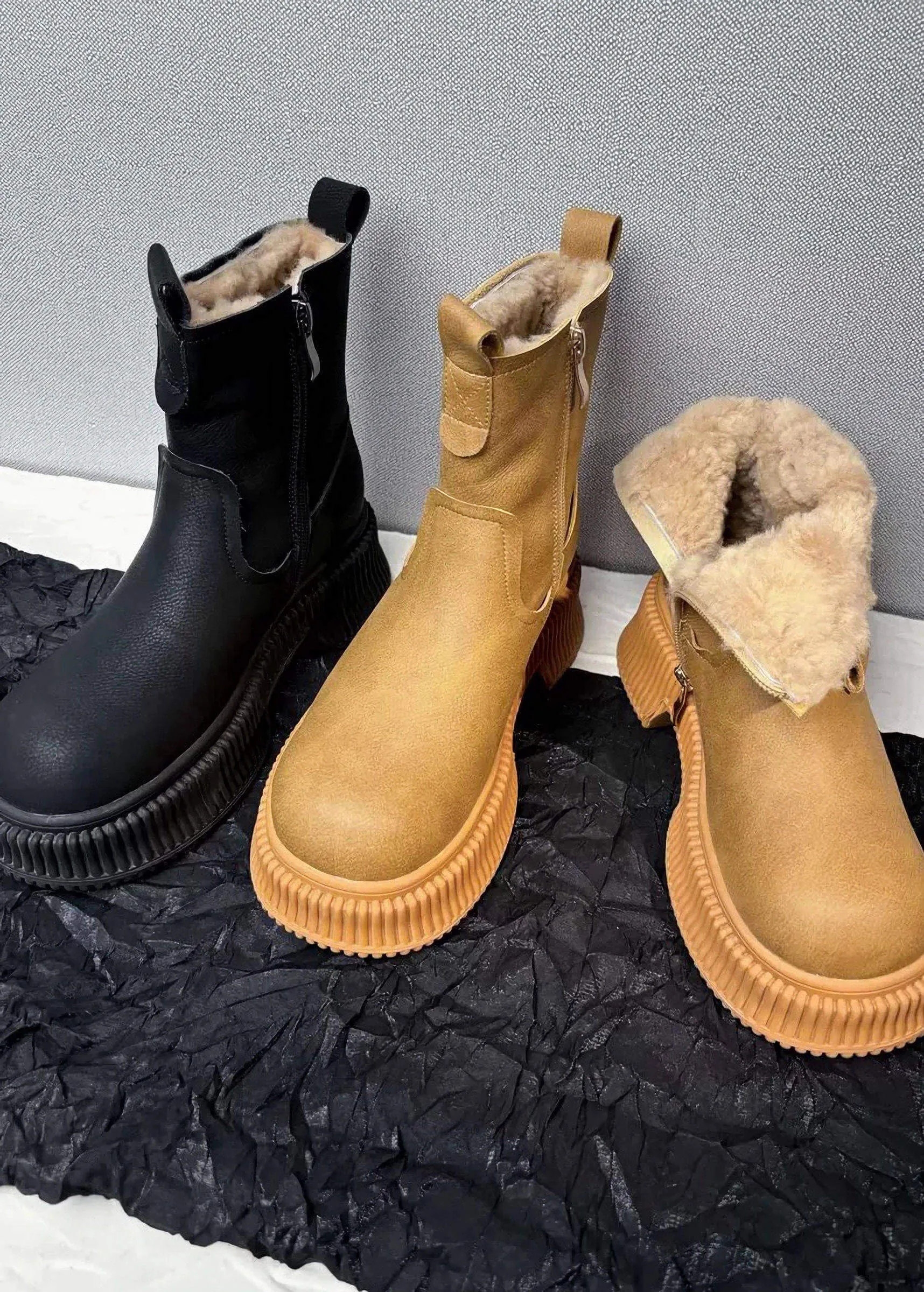 Winter Platform Lug Sole Leather Wool Fur Snow Boots